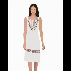 White Embroidered Cotton Midi Dress w lined Skirt Sz ( M )